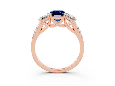 Rose gold Three-Stone Emerald Cut Blue Sapphire Ring with Pavé Band and Prong Setting_15