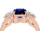 Rose gold Three-Stone Emerald Cut Blue Sapphire Ring with Pavé Band and Prong Setting_16