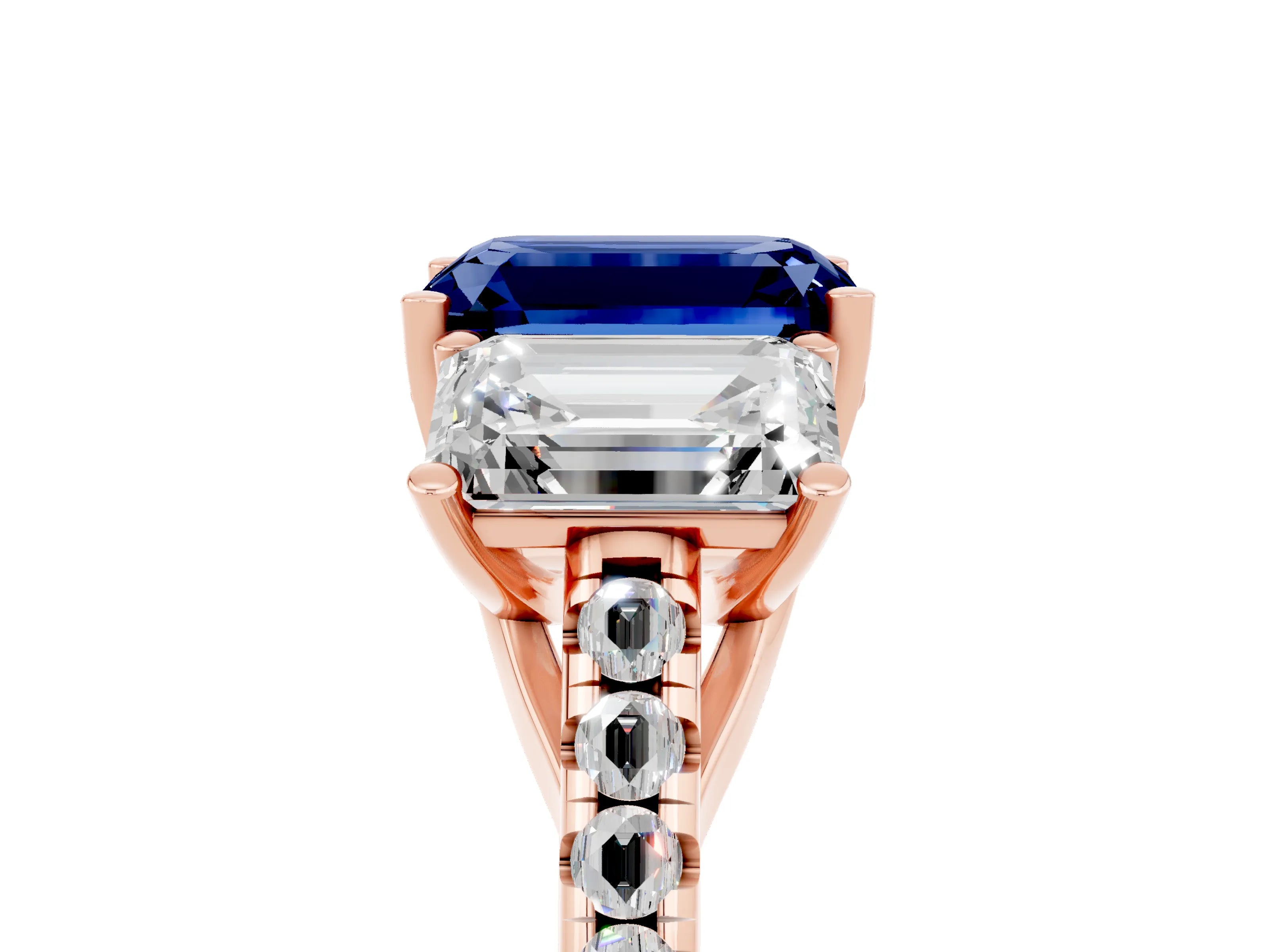 Rose gold Three-Stone Emerald Cut Blue Sapphire Ring with Pavé Band and Prong Setting_17