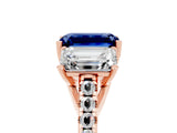 Rose gold Three-Stone Emerald Cut Blue Sapphire Ring with Pavé Band and Prong Setting_17