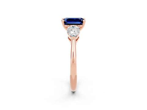 Rose gold Three-Stone Emerald Cut Blue Sapphire Ring with Pear Side Stones and Four-Prong Setting_2