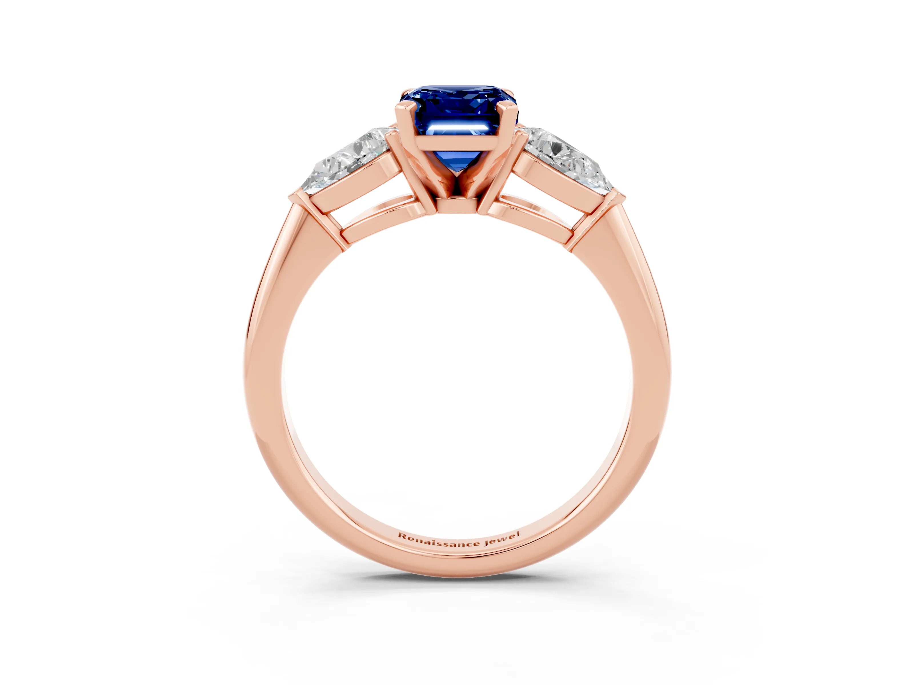 Rose gold Three-Stone Emerald Cut Blue Sapphire Ring with Pear Side Stones and Four-Prong Setting_3