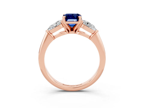 Rose gold Three-Stone Emerald Cut Blue Sapphire Ring with Pear Side Stones and Four-Prong Setting_3