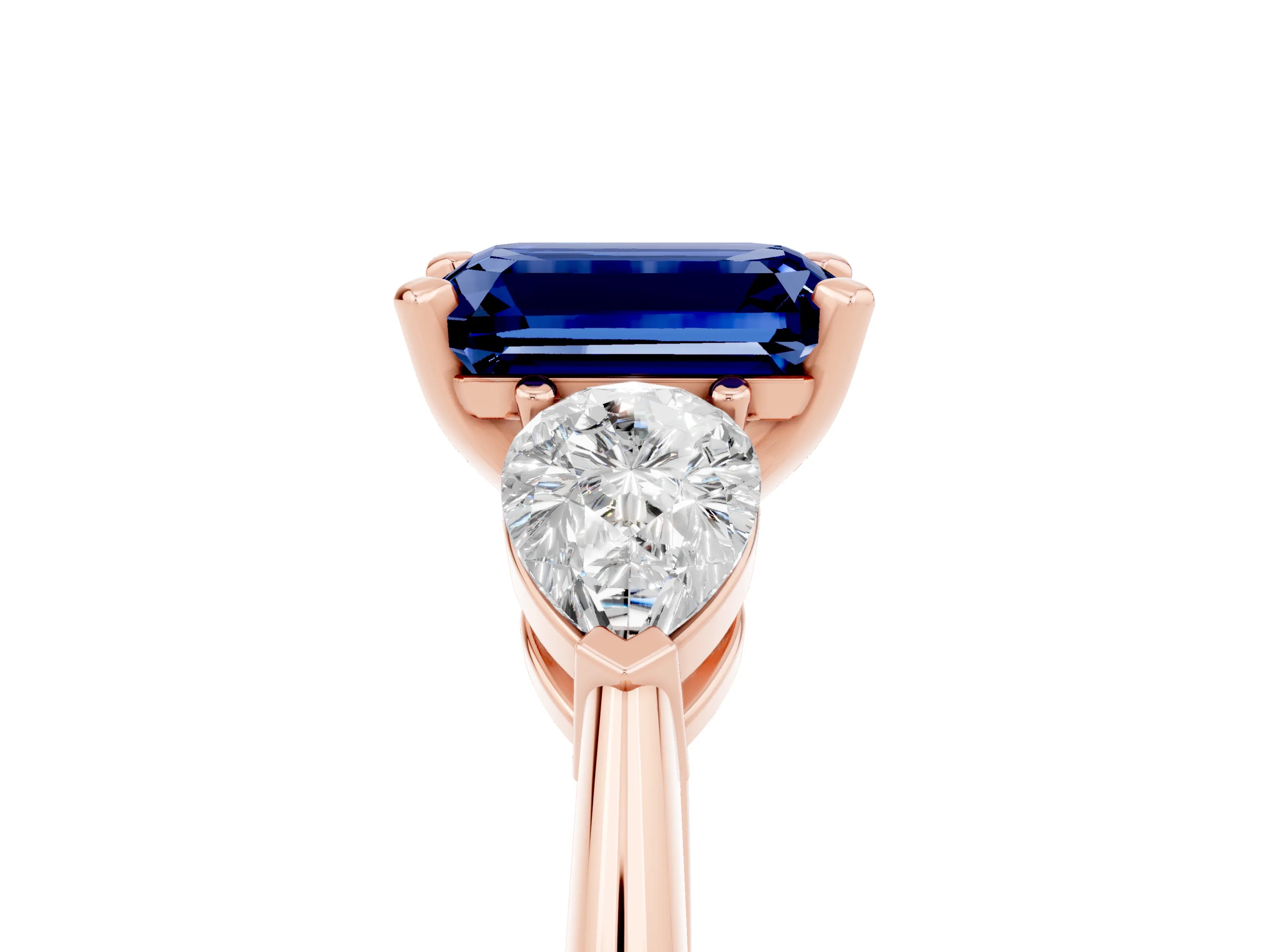 Rose gold Three-Stone Emerald Cut Blue Sapphire Ring with Pear Side Stones and Four-Prong Setting_5