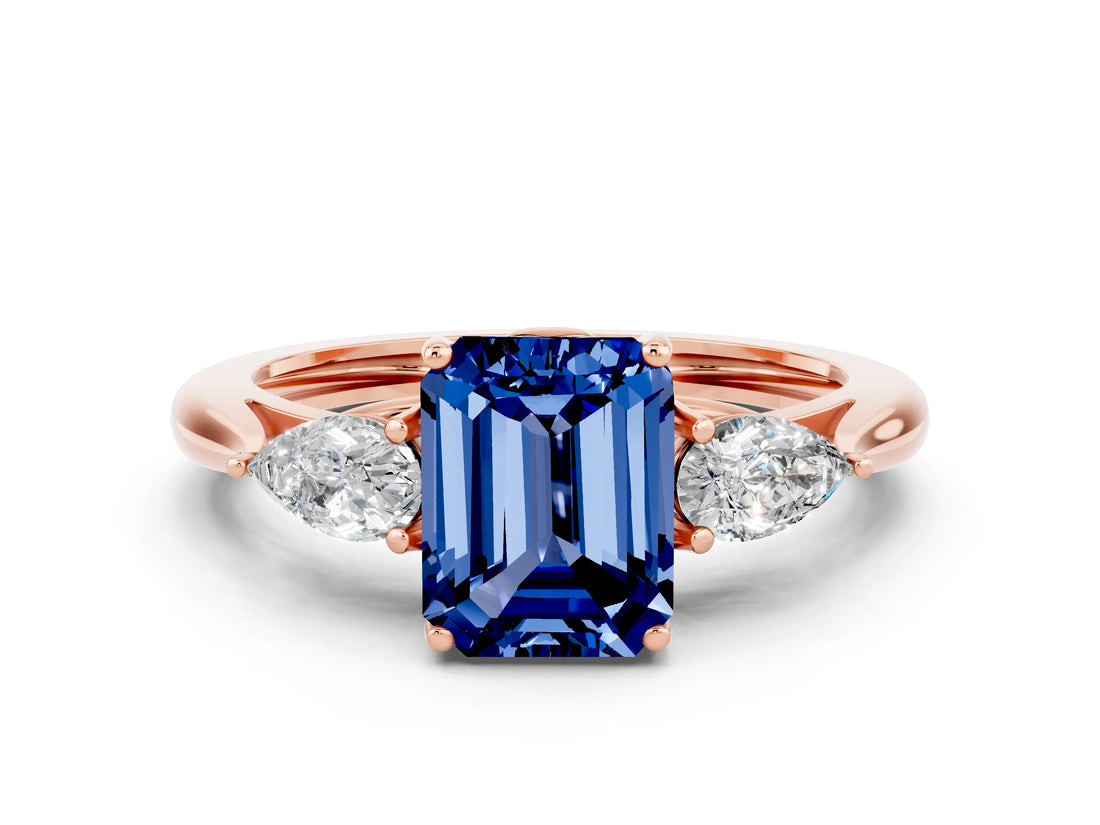 Rose gold Three-Stone Emerald Cut Blue Sapphire Ring with Pear  Side Stones in Four-Prong Setting_12