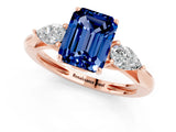 Rose gold Three-Stone Emerald Cut Blue Sapphire Ring with Pear  Side Stones in Four-Prong Setting_13