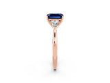 Rose gold Three-Stone Emerald Cut Blue Sapphire Ring with Pear  Side Stones in Four-Prong Setting_14