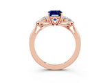 Rose gold Three-Stone Emerald Cut Blue Sapphire Ring with Pear  Side Stones in Four-Prong Setting_15