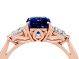 Rose gold Three-Stone Emerald Cut Blue Sapphire Ring with Pear  Side Stones in Four-Prong Setting_16