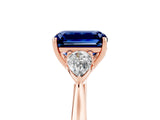 Rose gold Three-Stone Emerald Cut Blue Sapphire Ring with Pear  Side Stones in Four-Prong Setting_17