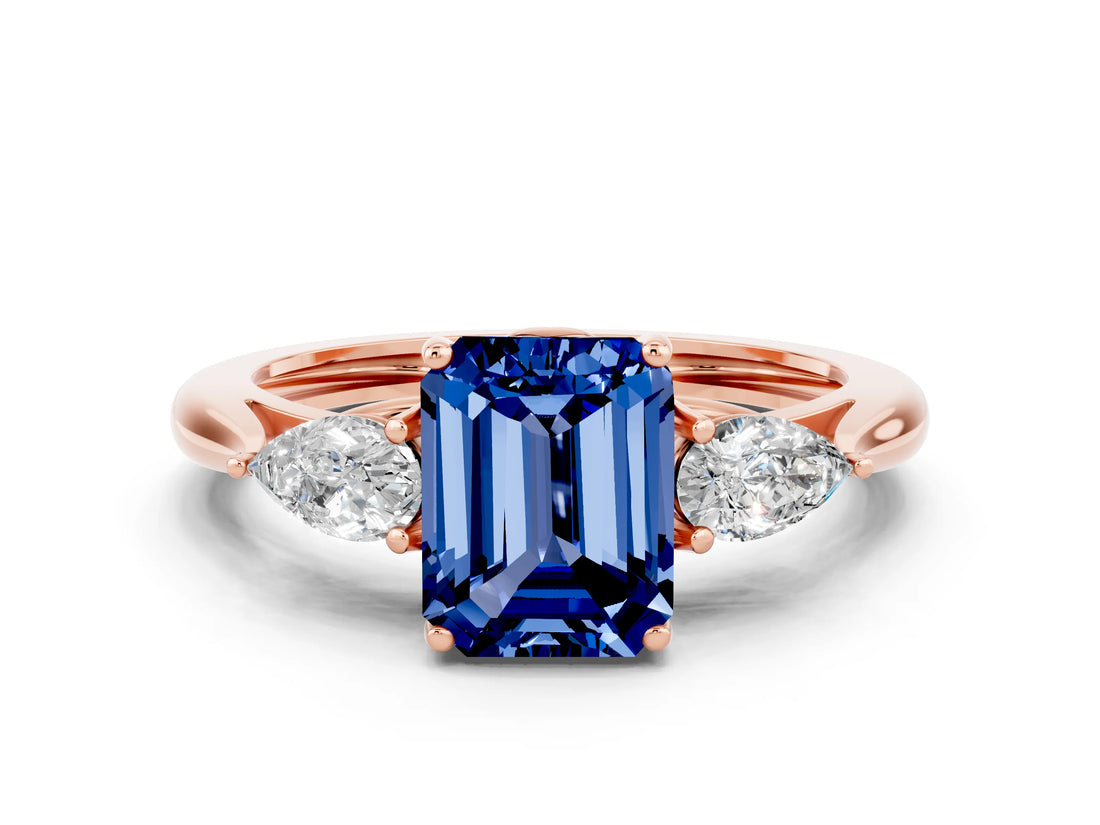 Rose gold Three-Stone Emerald Cut Blue Sapphire Ring with Pear  Side Stones in Four-Prong Setting_36
