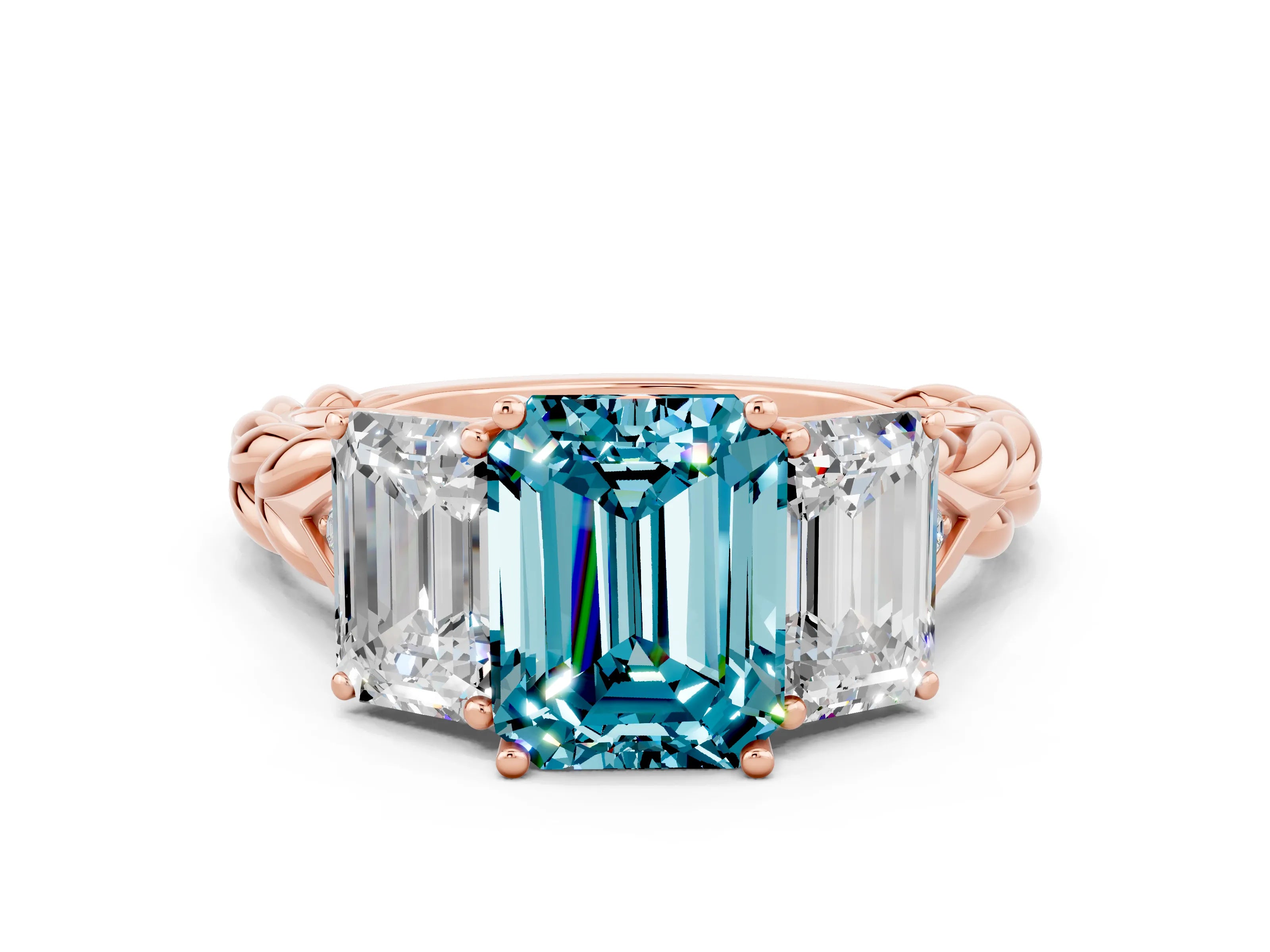 Rose gold Three-Stone Emerald Cut Blue Topaz Braided Band Ring with Four-Prong Setting_36
