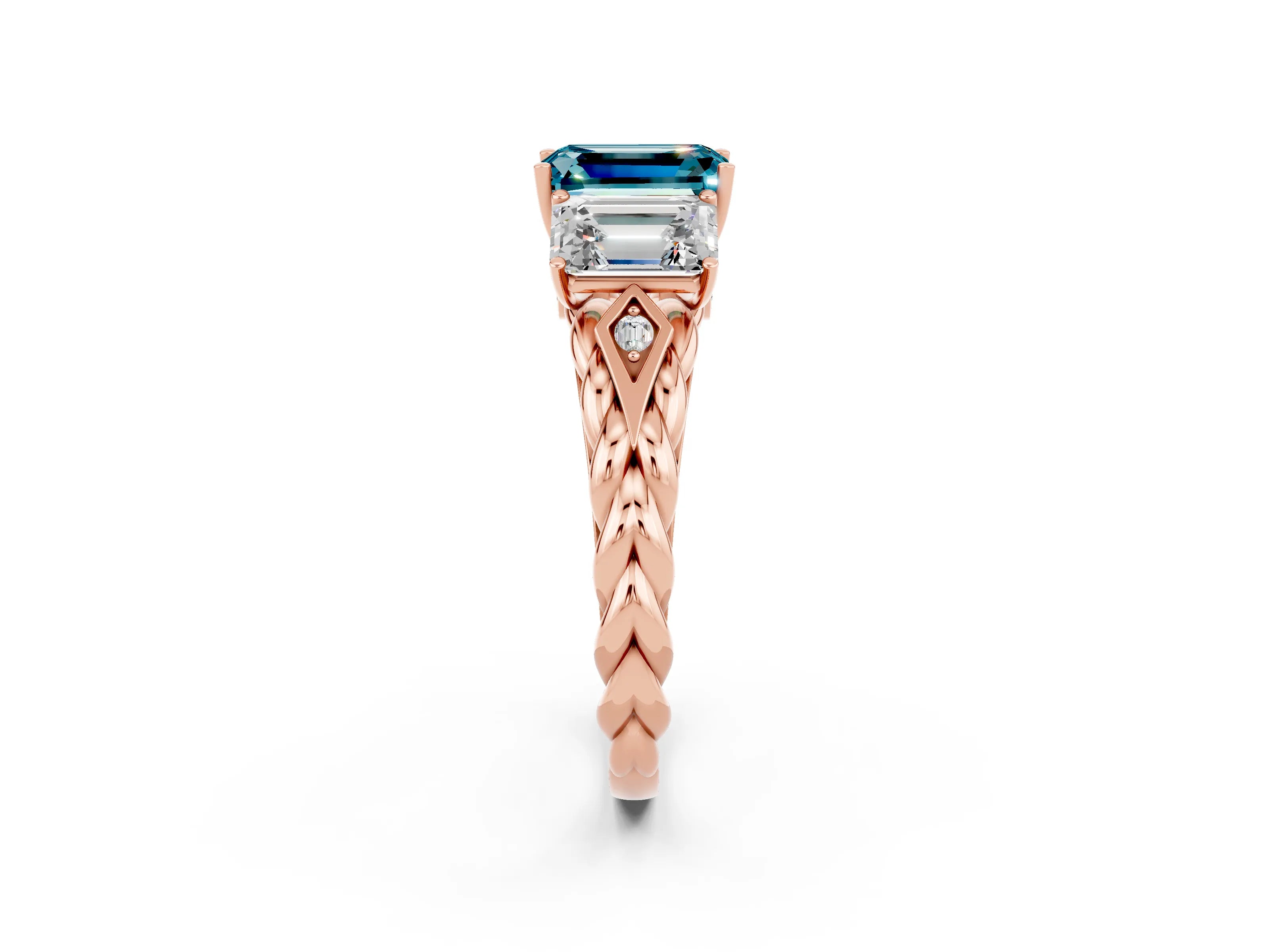 Rose gold Three-Stone Emerald Cut Blue Topaz Braided Band Ring with Four-Prong Setting_38
