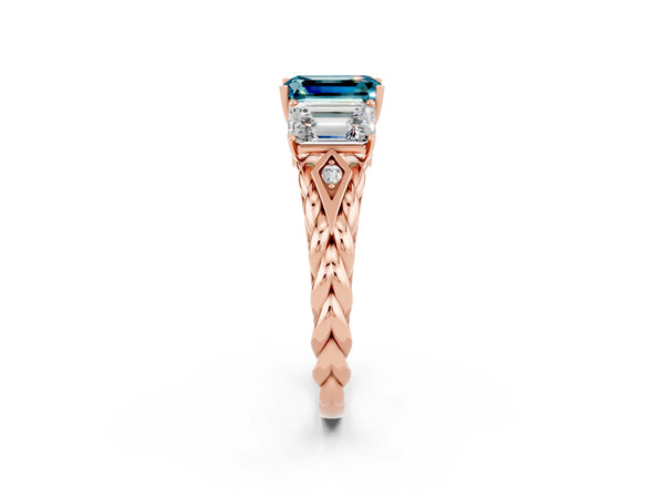 Rose gold Three-Stone Emerald Cut Blue Topaz Braided Band Ring with Four-Prong Setting