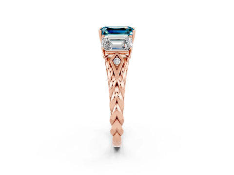 Rose gold Three-Stone Emerald Cut Blue Topaz Braided Band Ring with Four-Prong Setting_38