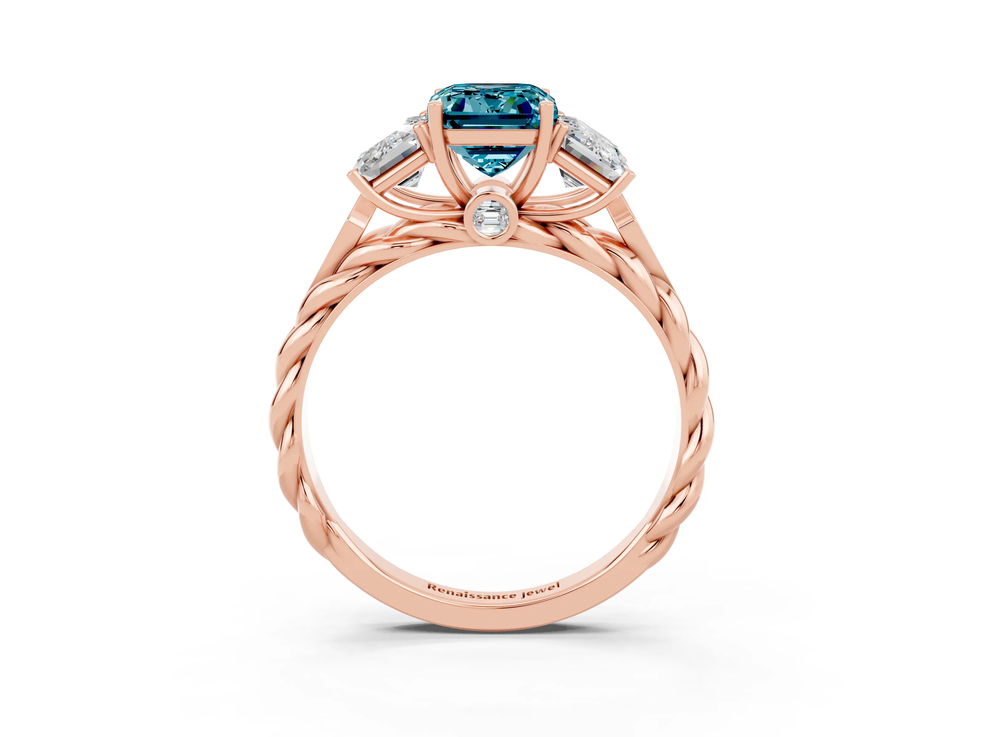 Rose gold Three-Stone Emerald Cut Blue Topaz Braided Band Ring with Four-Prong Setting_39