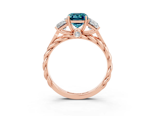 Rose gold Three-Stone Emerald Cut Blue Topaz Braided Band Ring with Four-Prong Setting