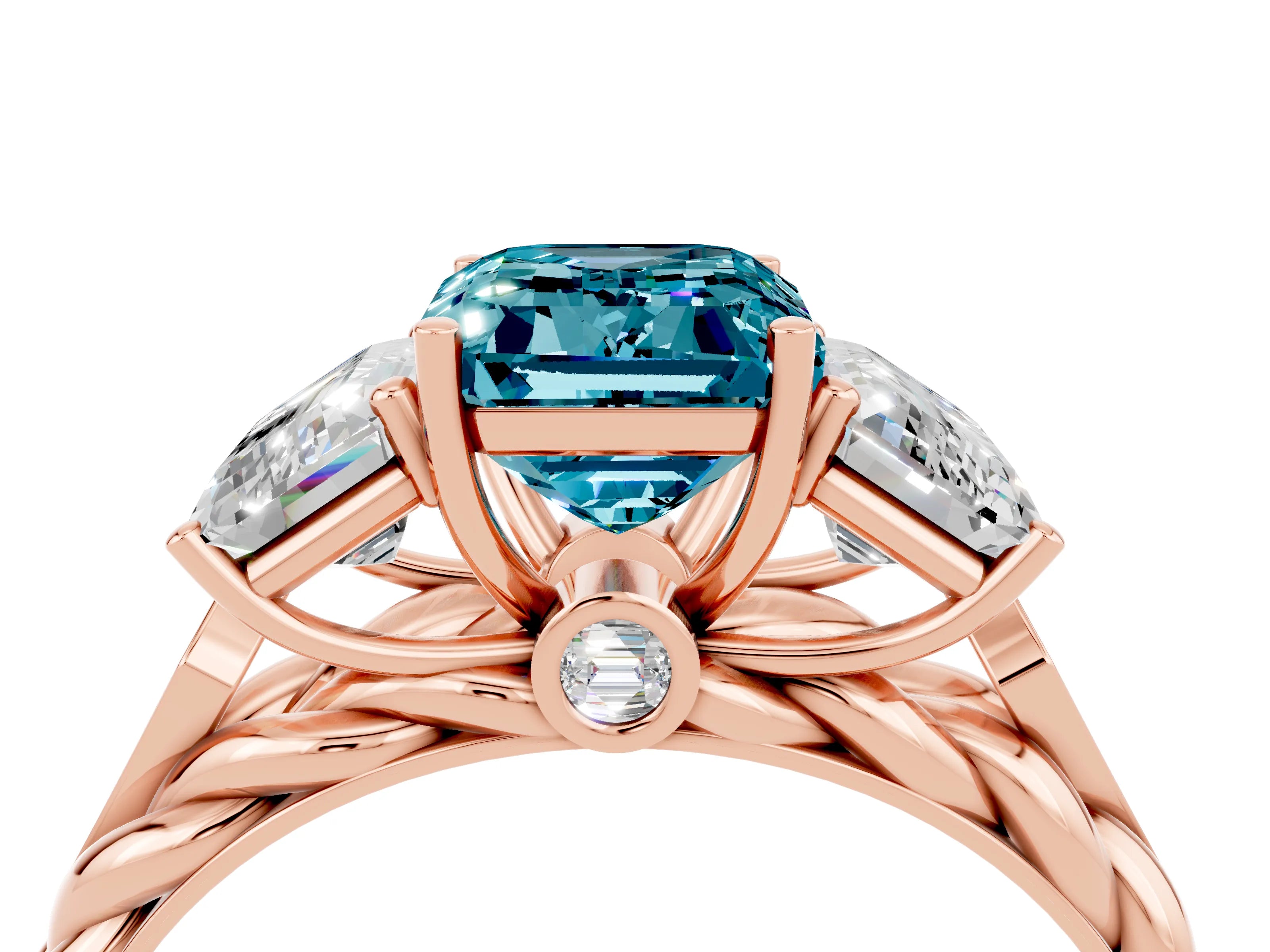 Rose gold Three-Stone Emerald Cut Blue Topaz Braided Band Ring with Four-Prong Setting_40