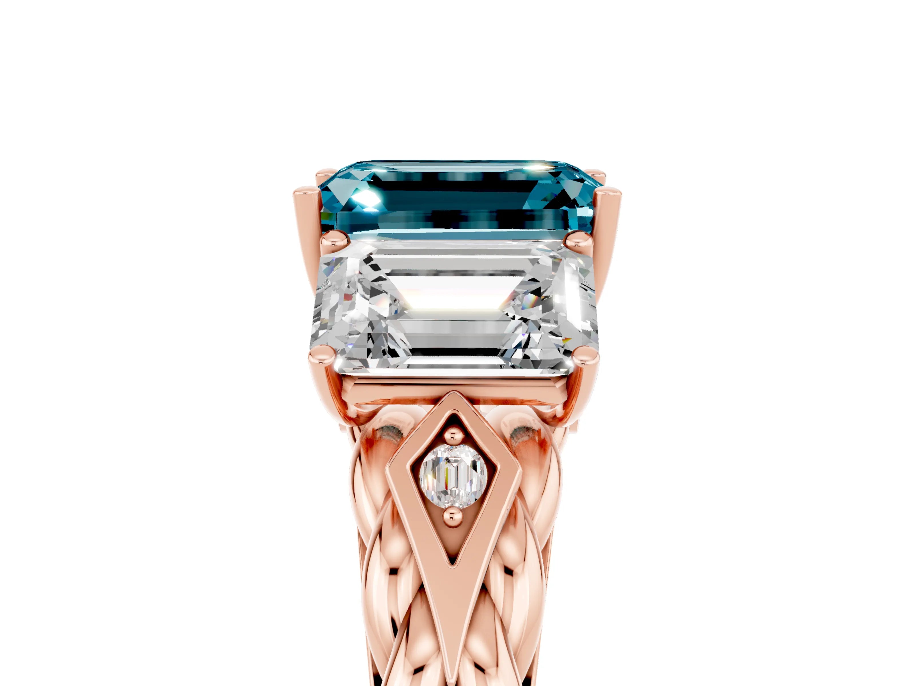 Rose gold Three-Stone Emerald Cut Blue Topaz Braided Band Ring with Four-Prong Setting_41