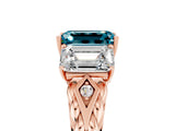Rose gold Three-Stone Emerald Cut Blue Topaz Braided Band Ring with Four-Prong Setting_41