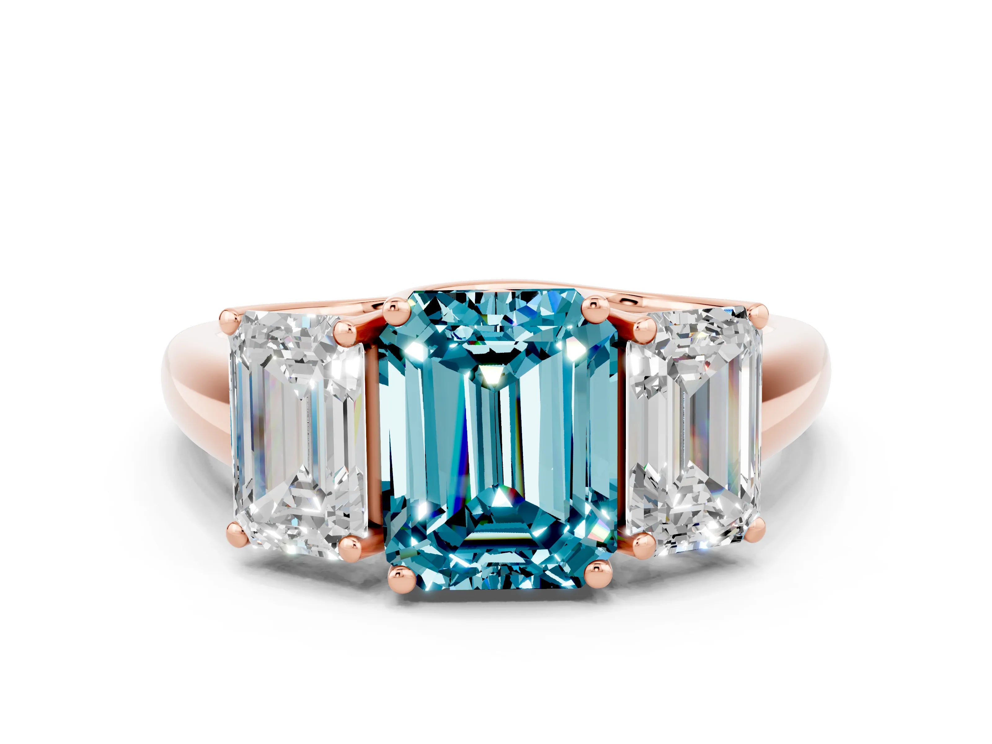 Rose gold Three-Stone Emerald Cut Blue Topaz Engagement Ring with Prong Setting