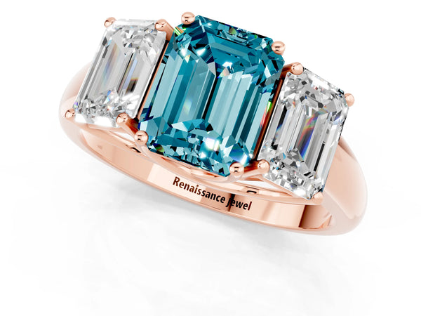 Rose gold Three-Stone Emerald Cut Blue Topaz Engagement Ring with Prong Setting