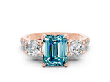 Rose gold Three-Stone Emerald Cut Blue Topaz Pavé Band with Four-Prong Setting