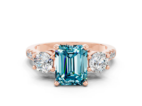Rose gold Three-Stone Emerald Cut Blue Topaz Pavé Band with Four-Prong Setting