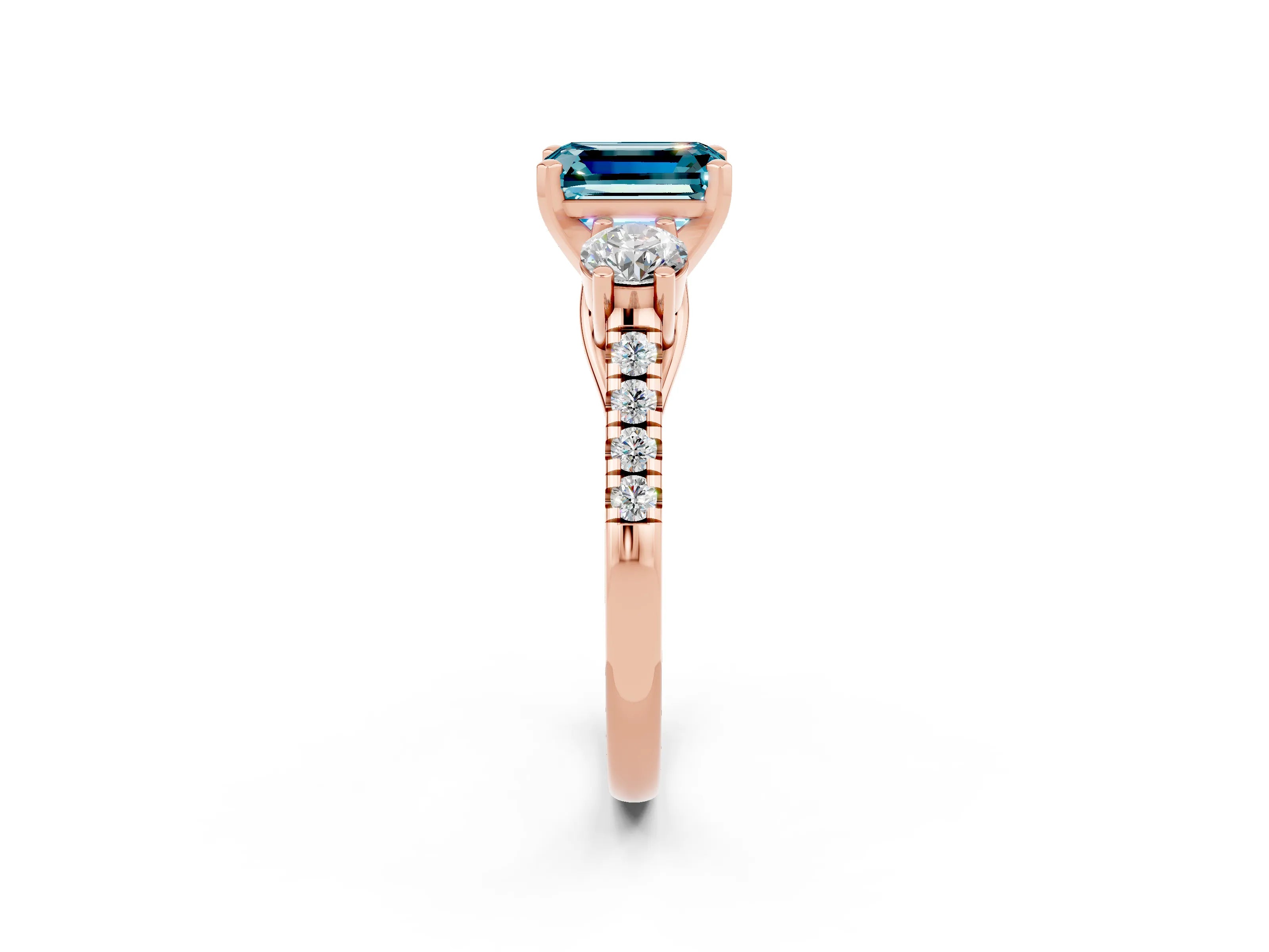Rose gold Three-Stone Emerald Cut Blue Topaz Pavé Band with Four-Prong Setting_2