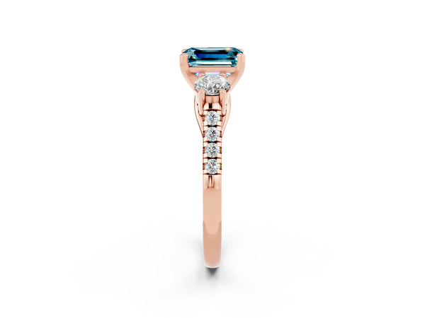 Rose gold Three-Stone Emerald Cut Blue Topaz Pavé Band with Four-Prong Setting
