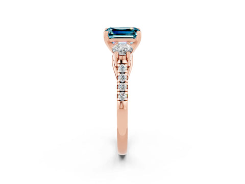 Rose gold Three-Stone Emerald Cut Blue Topaz Pavé Band with Four-Prong Setting_2