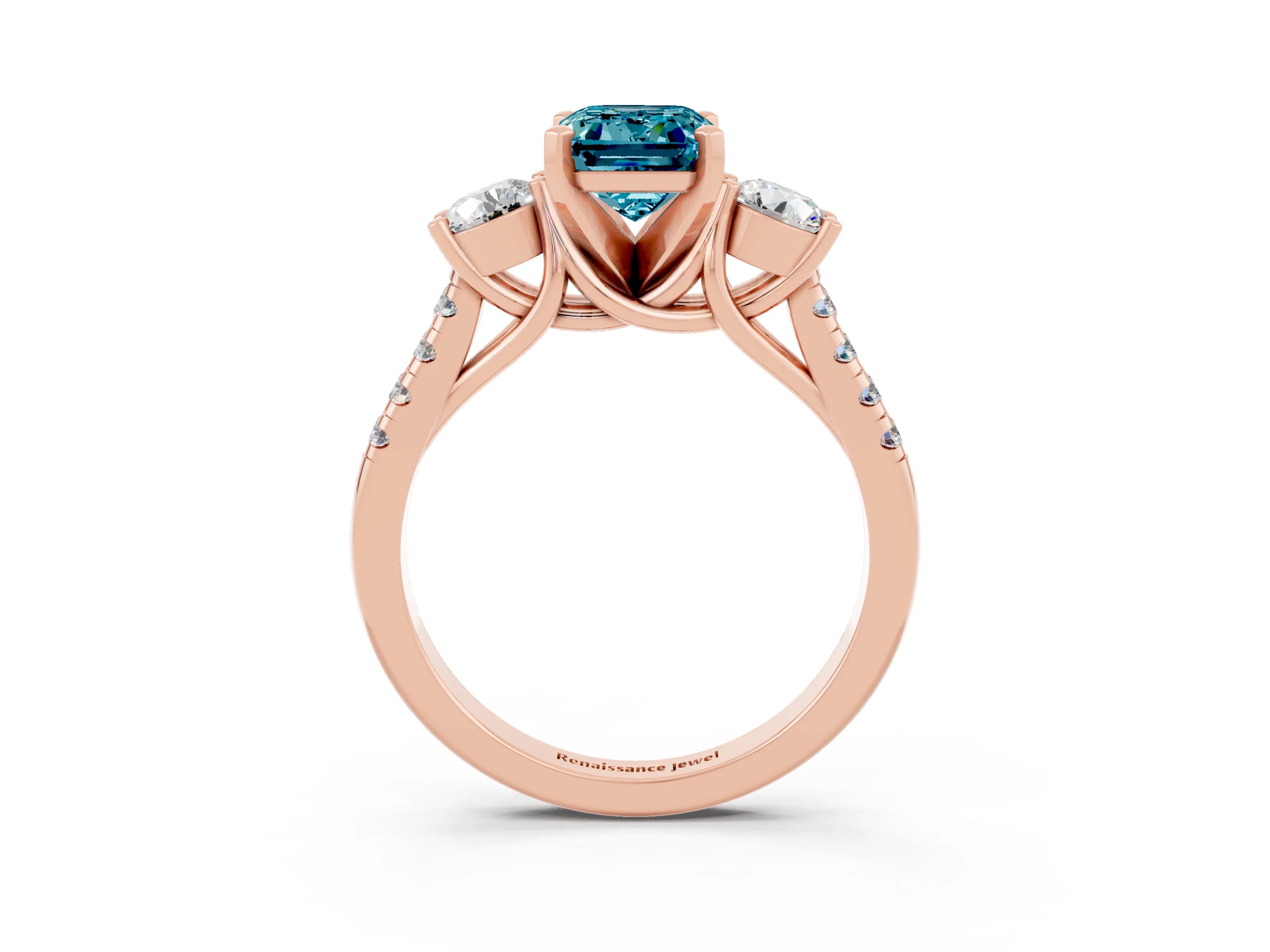 Rose gold Three-Stone Emerald Cut Blue Topaz Pavé Band with Four-Prong Setting_3