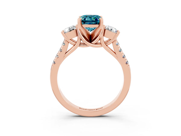 Rose gold Three-Stone Emerald Cut Blue Topaz Pavé Band with Four-Prong Setting