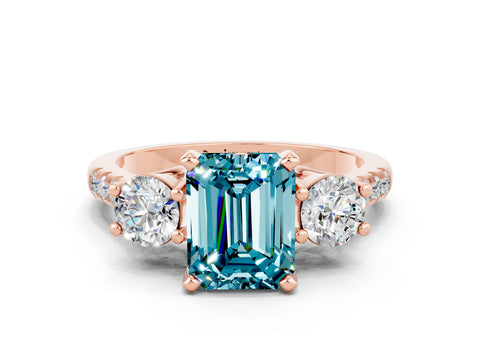 Rose gold Three-Stone Emerald Cut Blue Topaz Pavé Band with Four-Prong Setting