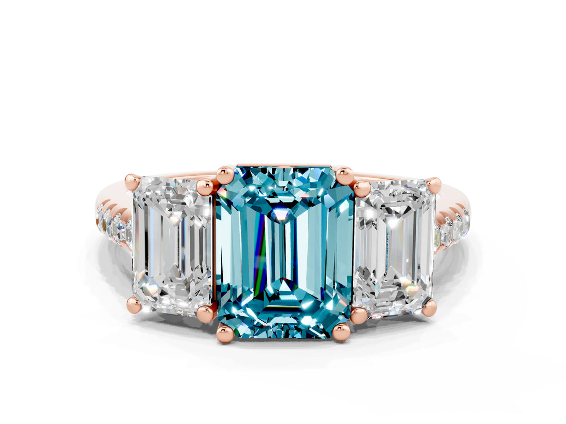 Rose gold Three-Stone Emerald Cut Blue Topaz Ring with Pavé Band and Prong Setting_12