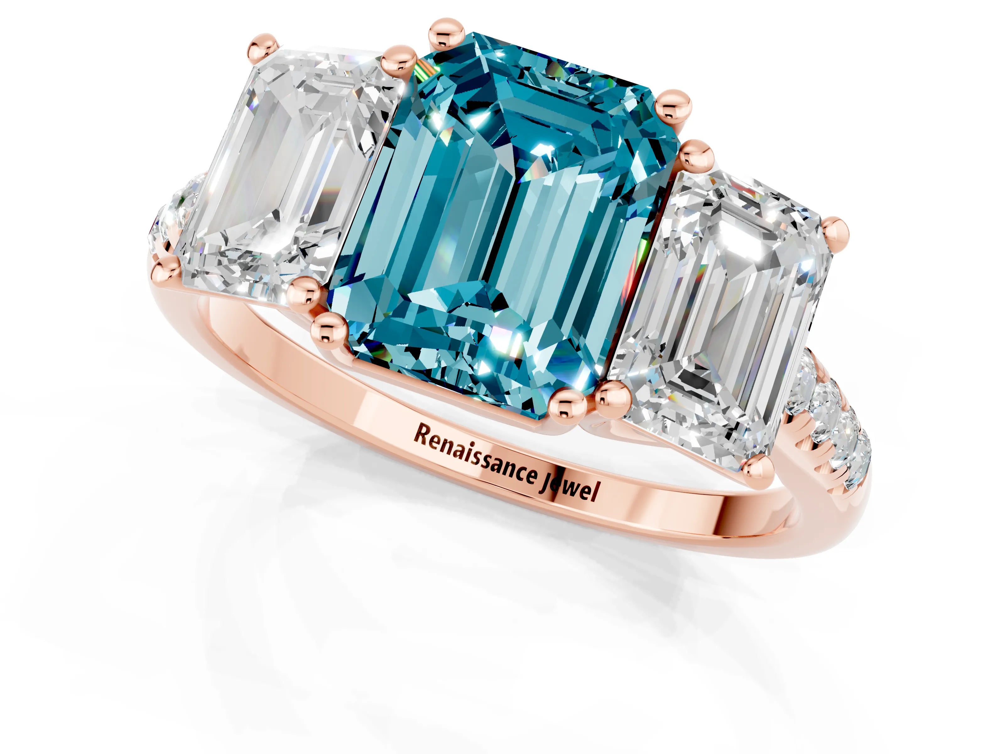 Rose gold Three-Stone Emerald Cut Blue Topaz Ring with Pavé Band and Prong Setting_13