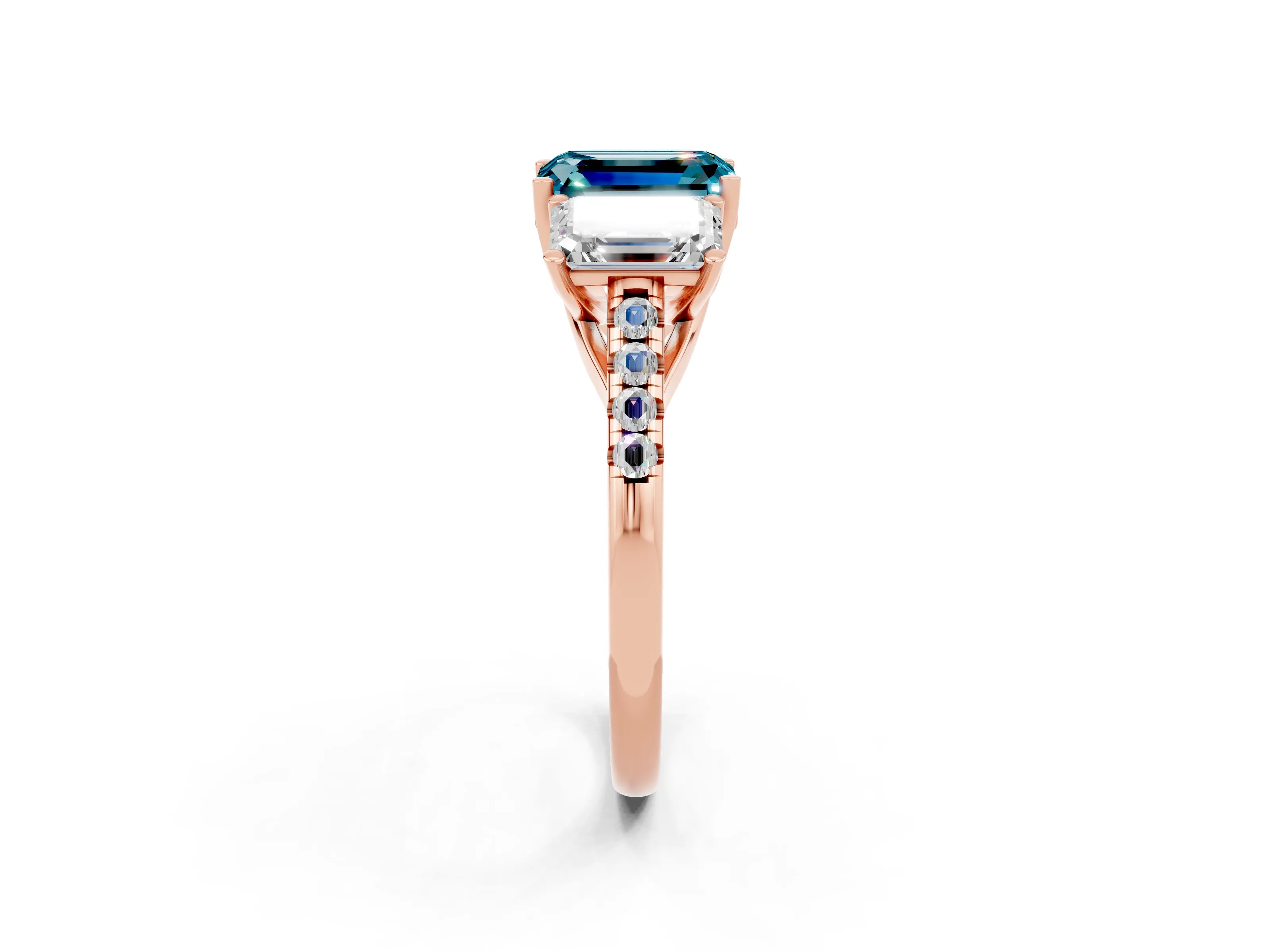 Rose gold Three-Stone Emerald Cut Blue Topaz Ring with Pavé Band and Prong Setting_14