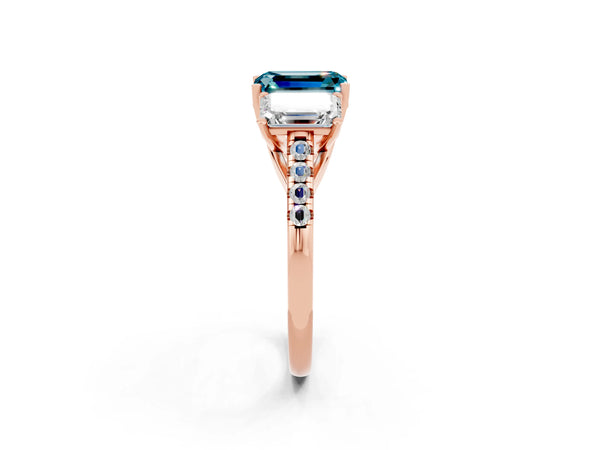 Rose gold Three-Stone Emerald Cut Blue Topaz Ring with Round  Pavé Band and Prong Setting