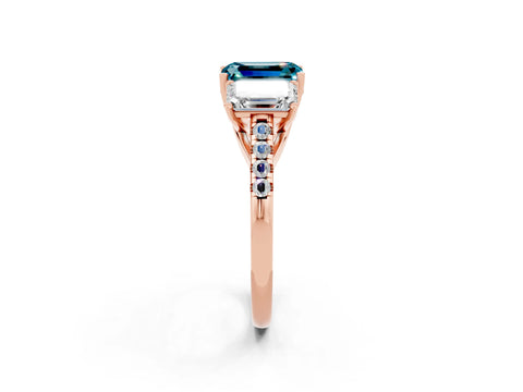 Rose gold Three-Stone Emerald Cut Blue Topaz Ring with Pavé Band and Prong Setting_14