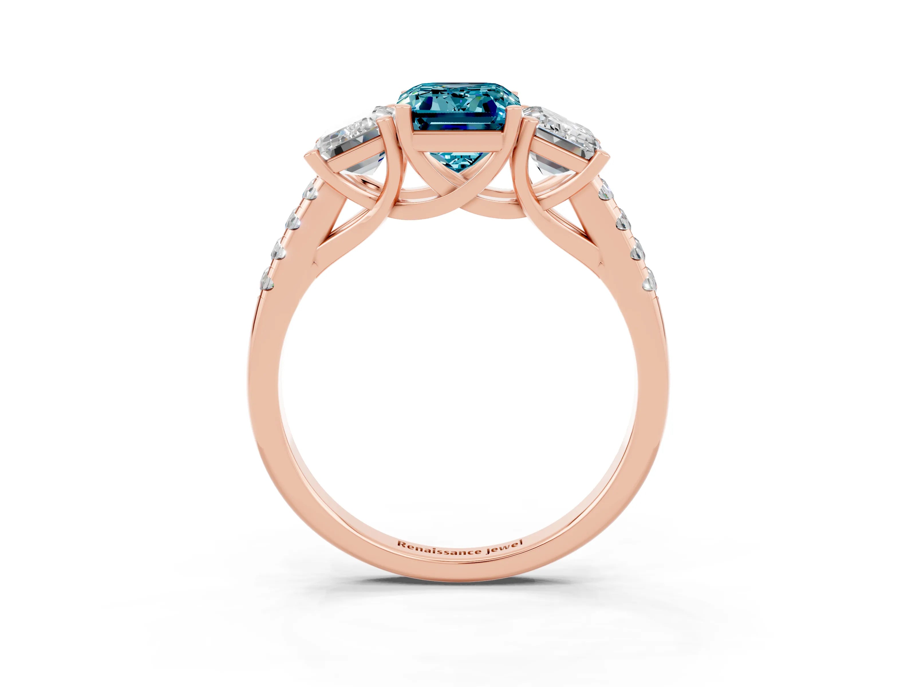 Rose gold Three-Stone Emerald Cut Blue Topaz Ring with Pavé Band and Prong Setting_15
