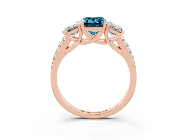 Rose gold Three-Stone Emerald Cut Blue Topaz Ring with Round  Pavé Band and Prong Setting