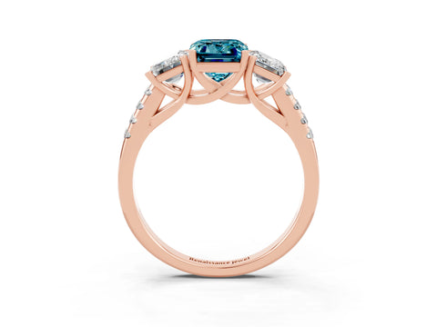 Rose gold Three-Stone Emerald Cut Blue Topaz Ring with Pavé Band and Prong Setting_15
