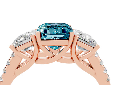 Rose gold Three-Stone Emerald Cut Blue Topaz Ring with Pavé Band and Prong Setting_16