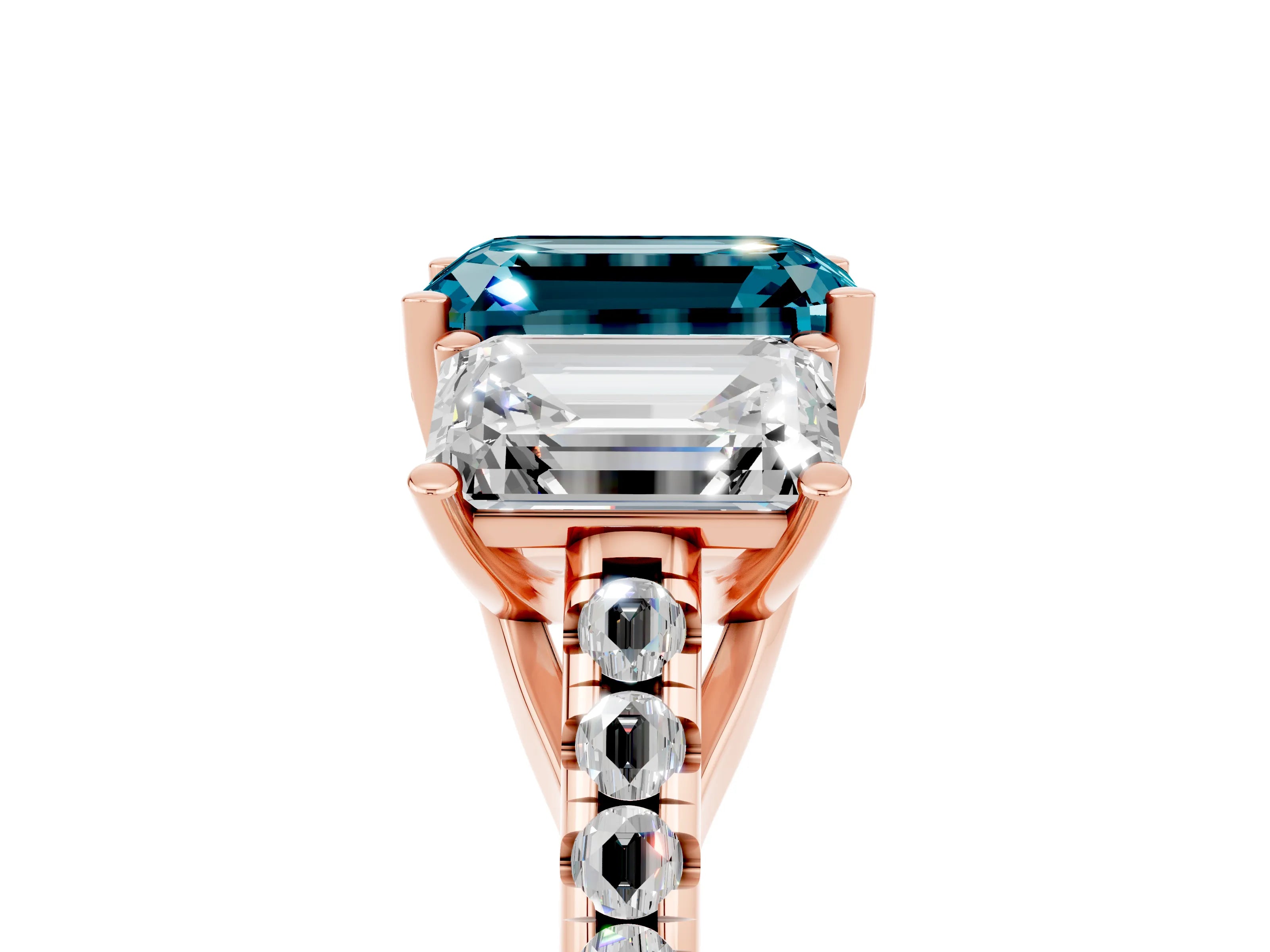 Rose gold Three-Stone Emerald Cut Blue Topaz Ring with Pavé Band and Prong Setting_17