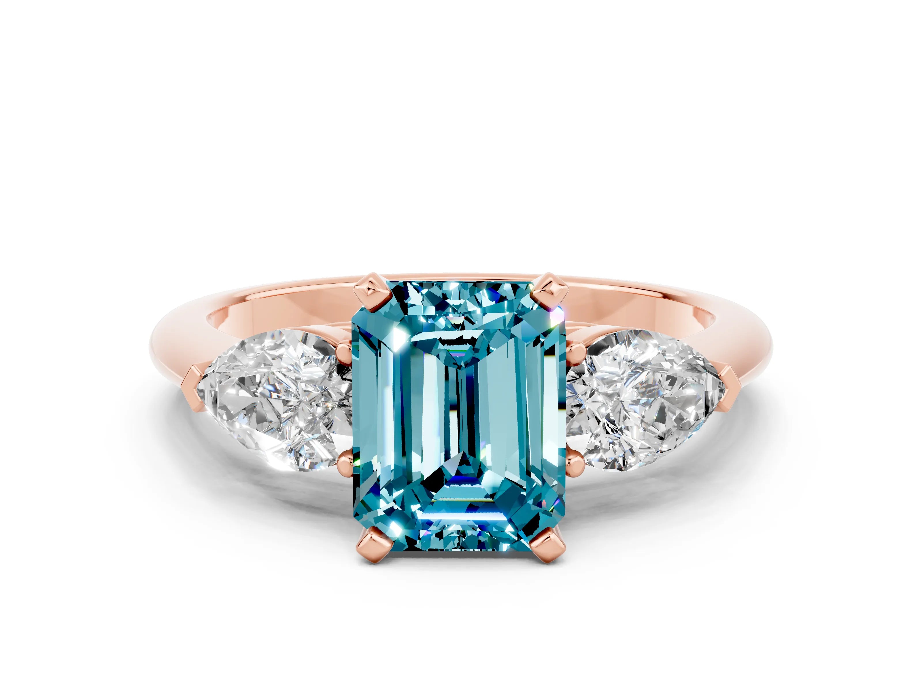 Rose gold Three-Stone Emerald Cut Blue Topaz Ring with Pear Side Stones and Four-Prong Setting