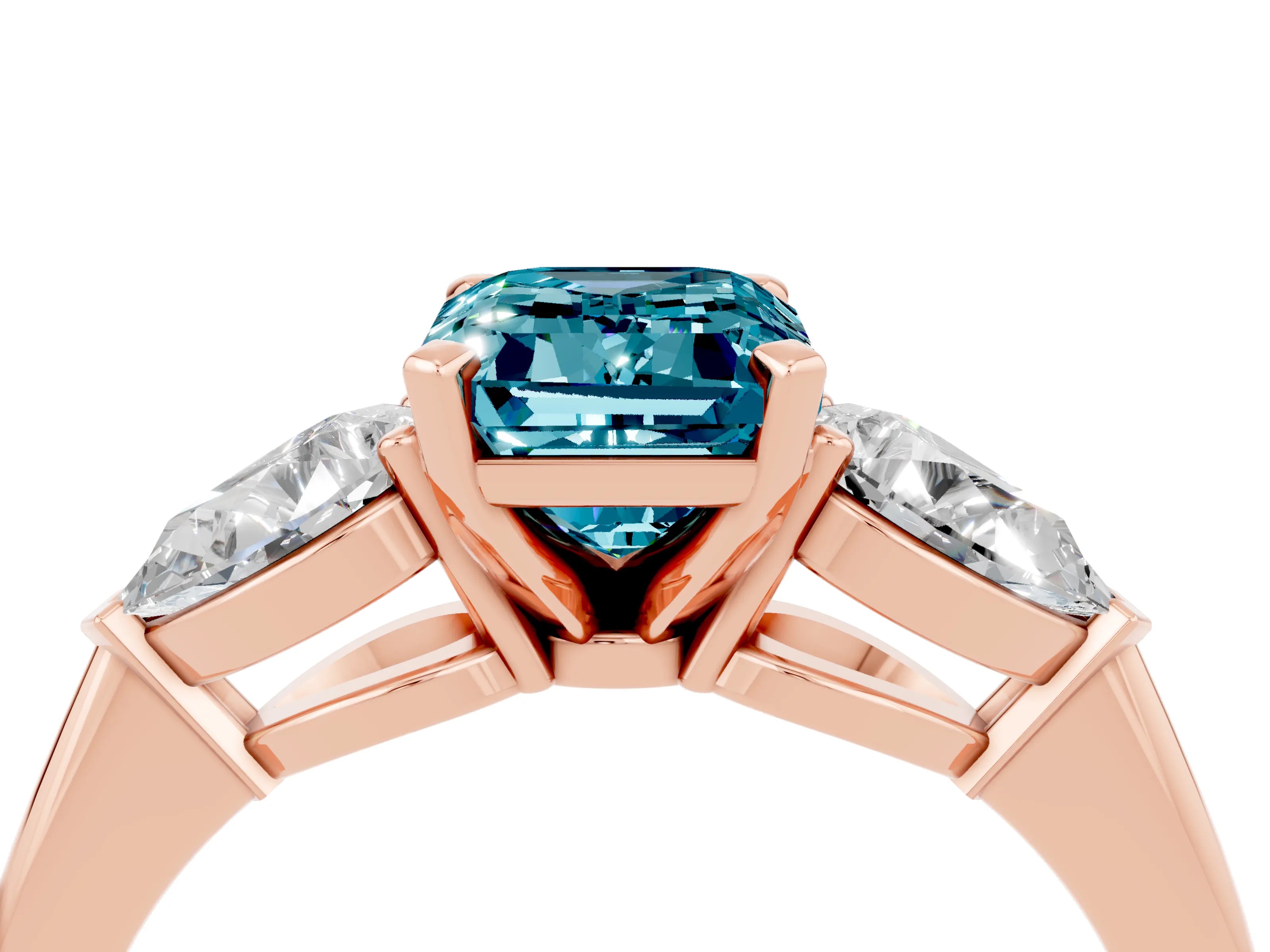 Rose gold Three-Stone Emerald Cut Blue Topaz Ring with Pear Side Stones and Four-Prong Setting_4