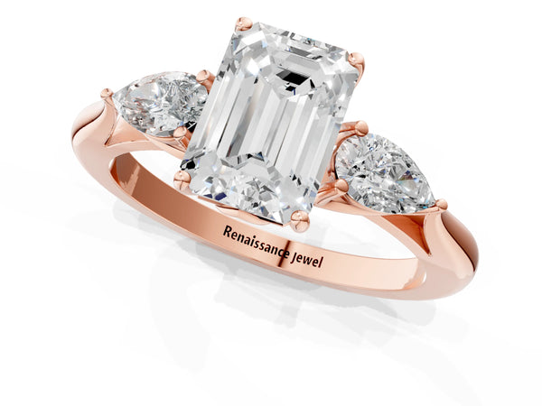 Rose gold Three-Stone Emerald Cut Brilliant Diamond Solitaire Ring with Tapered Band and Four-Prong Setting