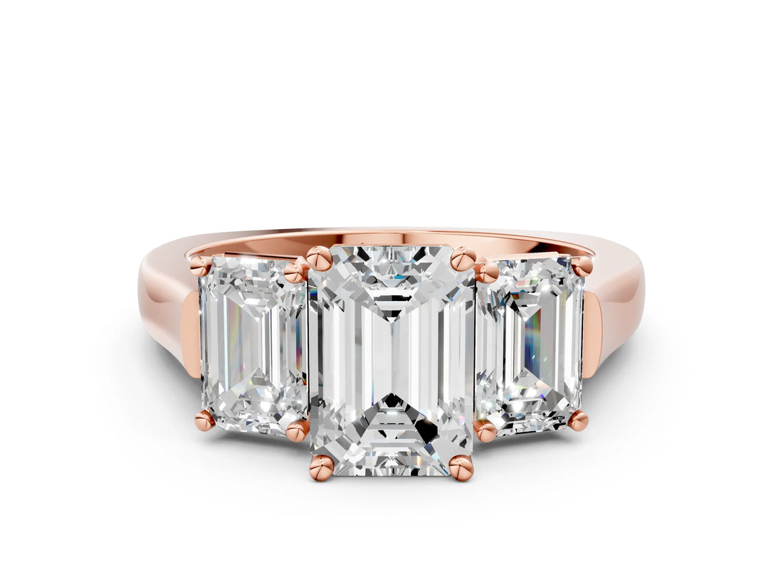Rose gold Three-Stone Emerald Cut Brilliant Diamond Trellis Ring with Comfort Fit Band_3