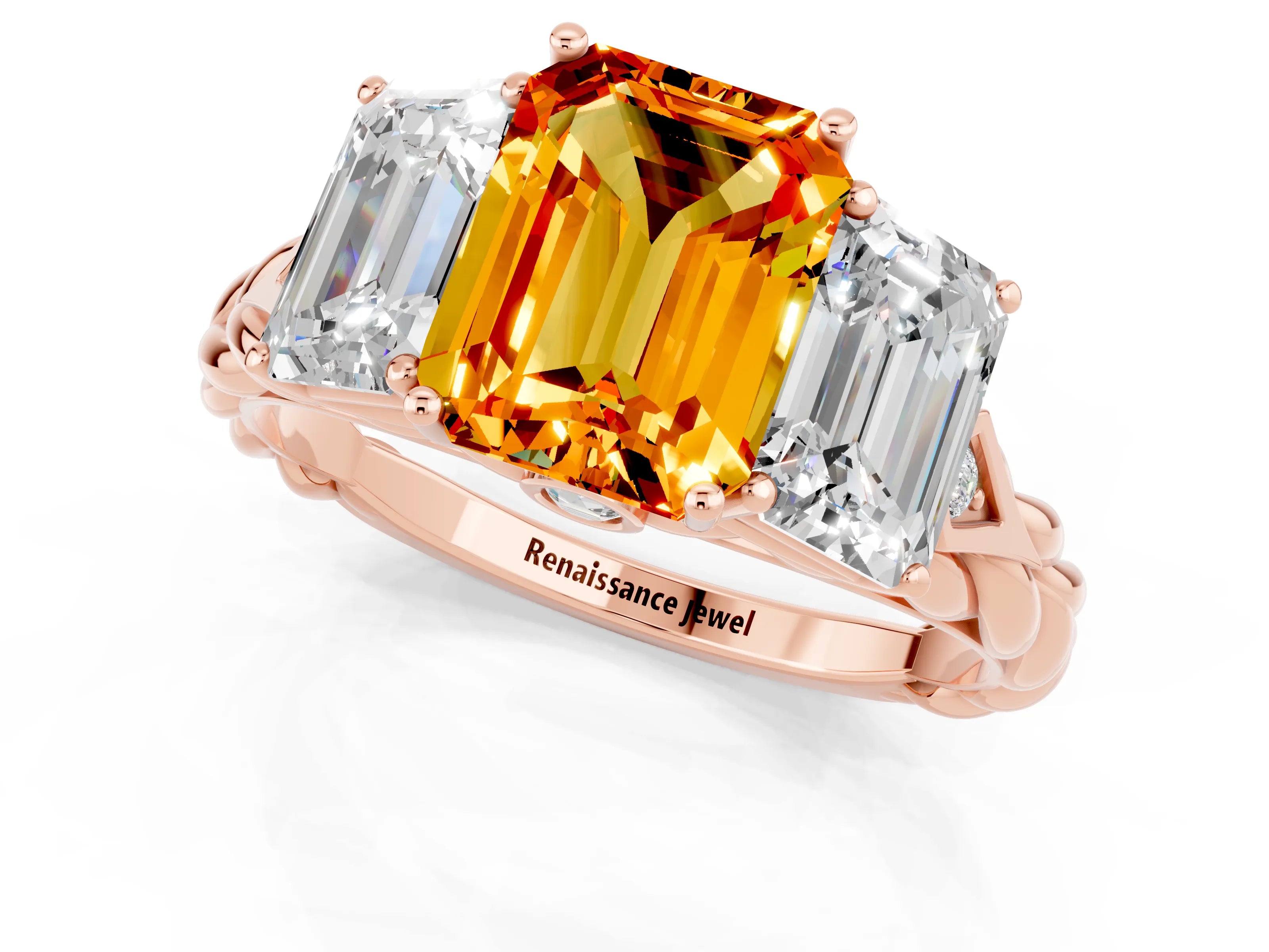 Rose gold Three-Stone Emerald Cut Citrine Braided Band Ring with Four-Prong Setting_37
