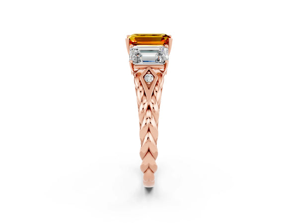 Rose gold Three-Stone Emerald Cut Citrine Braided Band Ring with Four-Prong Setting